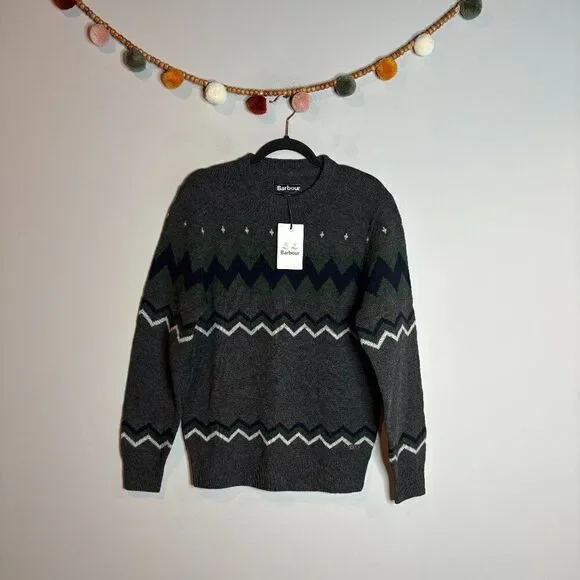 NWT Barbour Men's Regis Fair Isle Crew Sweater Charcoal 100% Wool