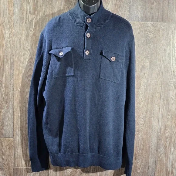 Banana Republic Navy Blue Men's Knit Mock Neck Button Pocket Sweater XXL Dadcore