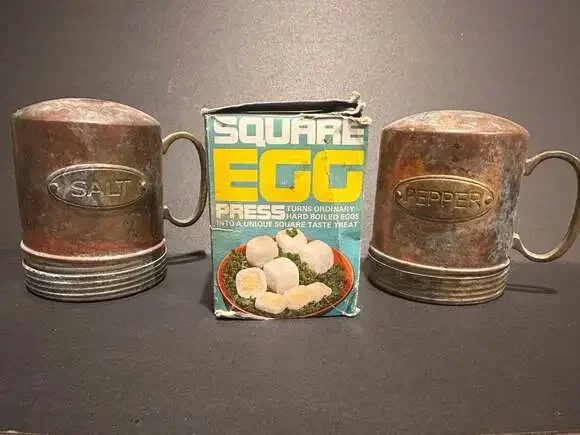 Vintage Square Egg Press Maker and Rustic Copper Salt & Pepper Shakers Set