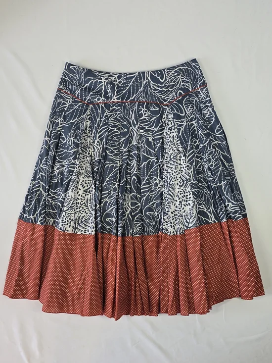 Wrap London 100% Cotton Leaf Print Pleated Skirt Blue Red Polka Dot Size 10