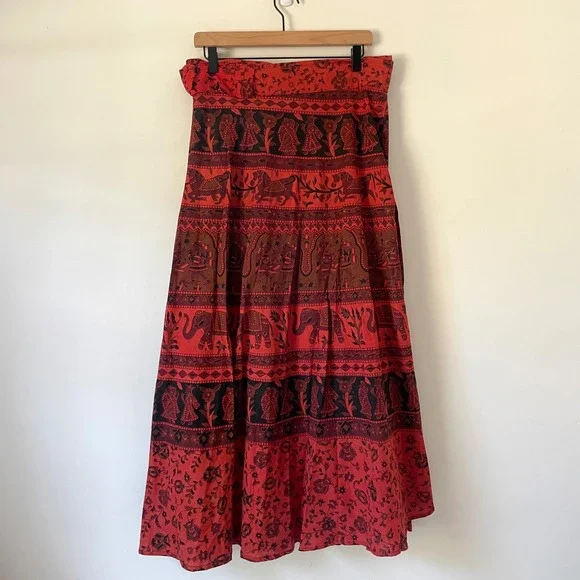 Red Boho Wrap Maxi Skirt L-XL Cotton Festival Hippie Ethnic Eclectic Elephant