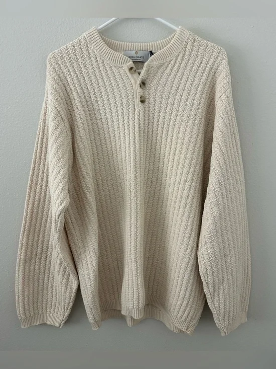 VTG Henley Knit Sweater 100% Cotton 90s Cream USA Made Bill Blass Sz M Fisherman