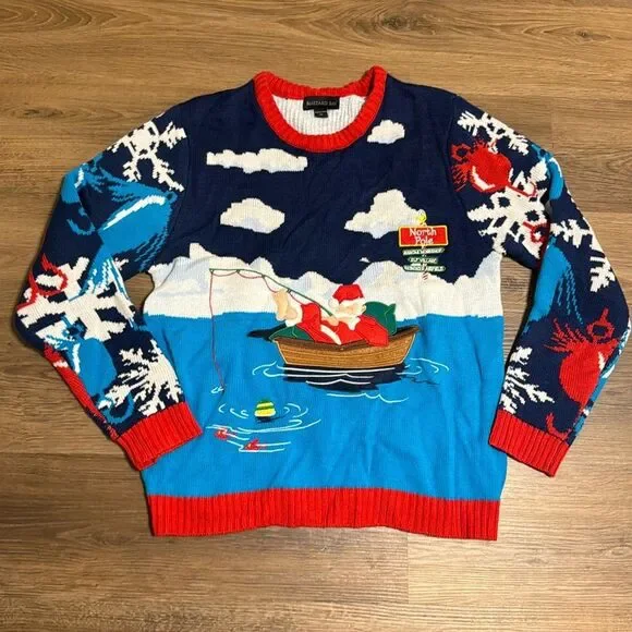 Blizzard Bay Santa Claus Fishing Mens Christmas Sweater Size Medium Xmas Ugly