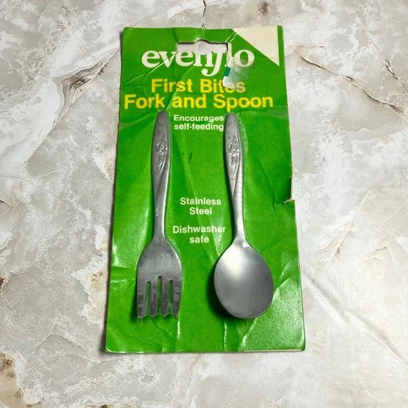 VTG Evenflo First Bites baby fork & spoon set stainless steel rose design NEW