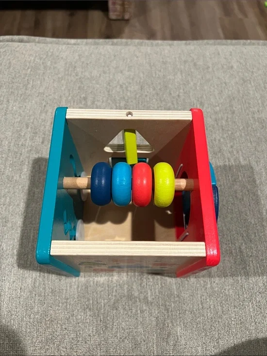 Fisher-Price Wooden Shape Sorting Cube with Blue, Teal, Red, Yellow Beads