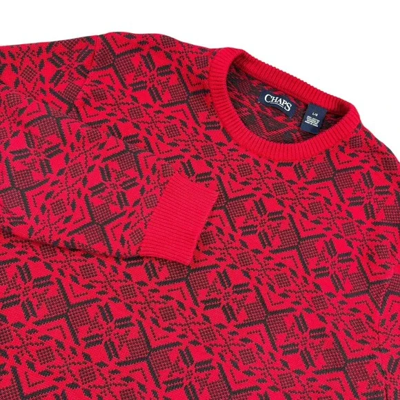 Chaps Sweater Mens L Red Charcoal Knit Winter Theme Preppy Grampcore Business‎