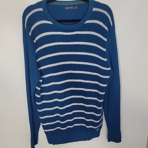 Vintage Nautica Mens 100% Cotton Crewneck Sweater Size L Blue White Stripe Y2K