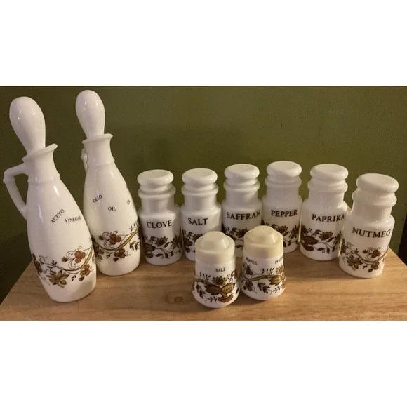 Vintage 10 Piece Milk Glass Cruets, Salt And Pepper Shakers‎ And Spice Jars