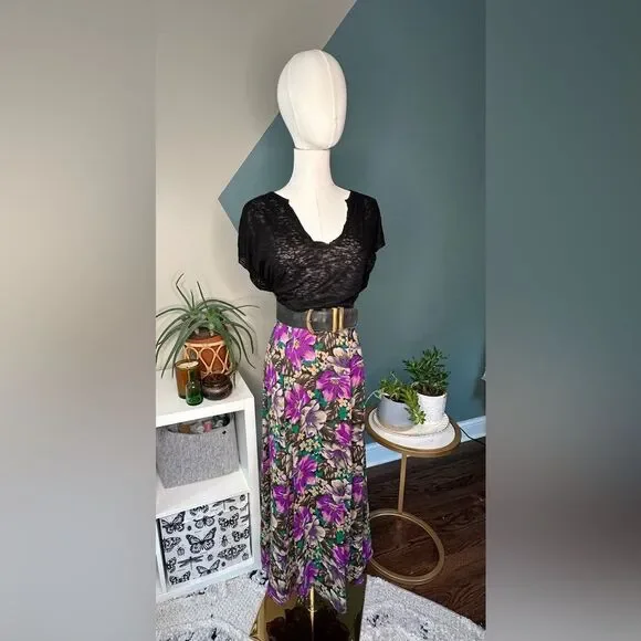 Dana Buchman 100% Silk Vintage Bias-Cut Floral Midi Skirt Size 4 Y2K Late 90s
