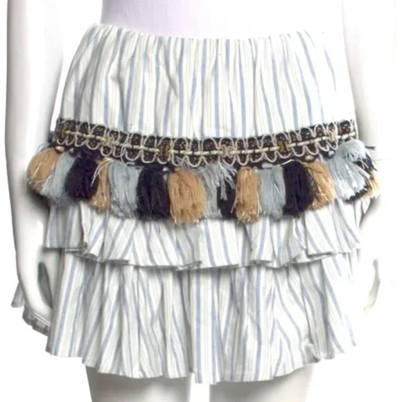 Caroline Constas Pinstripe Tiered Mini Skirt with Tassel Detail Womens Sz Small
