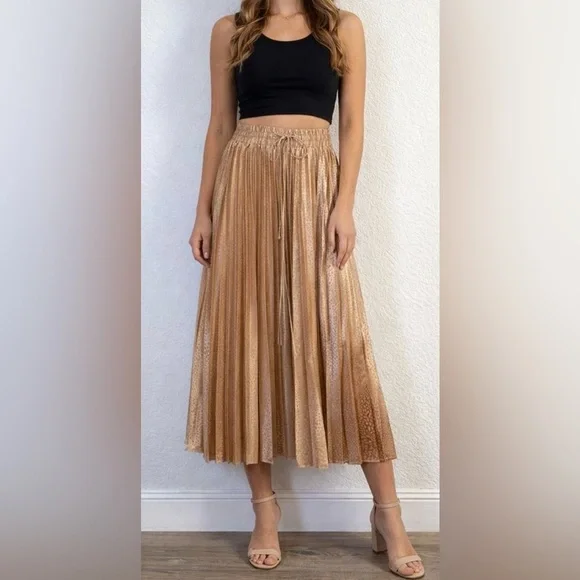 Jodifl Gold Pull On Stretch Waist Cheetah Animal Print Pleated Long Skirt Small