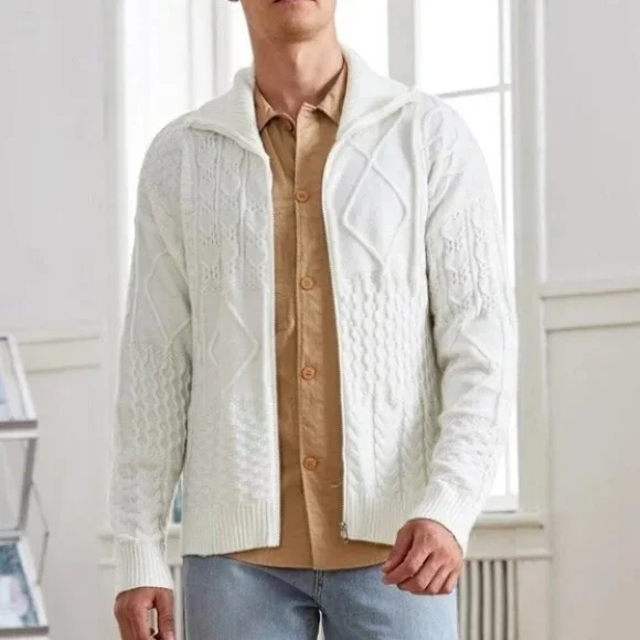 Casual Cable Knit Men's Cardigan w/Turtle Neck & D