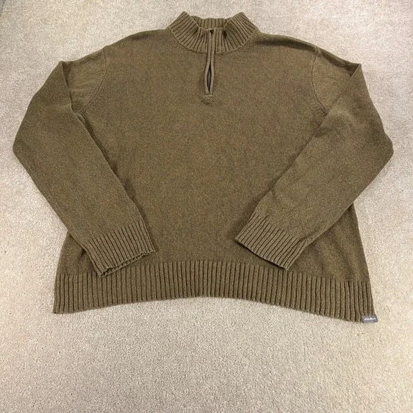 Eddie Bauer Quarter Zip Sweater Mens XL Olive Green 100% Cotton Knit