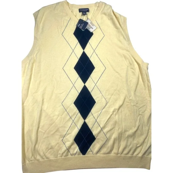 Roundtree & Yorke Sweater Men's 3XT Yellow Argyle‎ Pattern Knit V-Neck Pullover