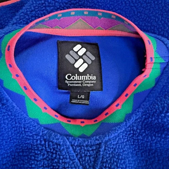 Vtg Columbia‎ fleece pullover aztec sothwestern trim neon blue L