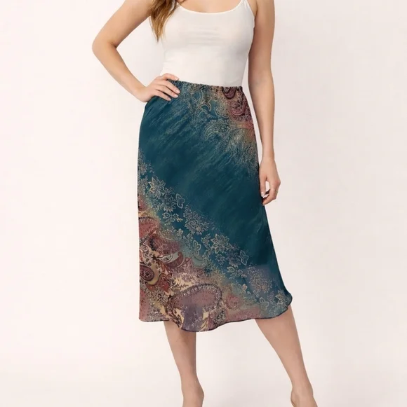 VTG BARANDA Y2k Fairycore Teal Paisley Chiffon Elastic Waist Longline Skirt
