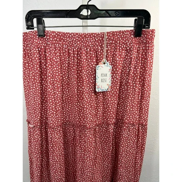 Pink Rose Clay Dot Polka Dot Tiered Maxi Skirt XL Elastic Waist PS0W50627‎ NEW