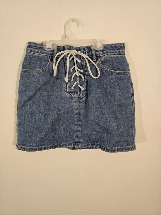 PacSun Light Blue Denim Mini Skirt with Front Lace-Up