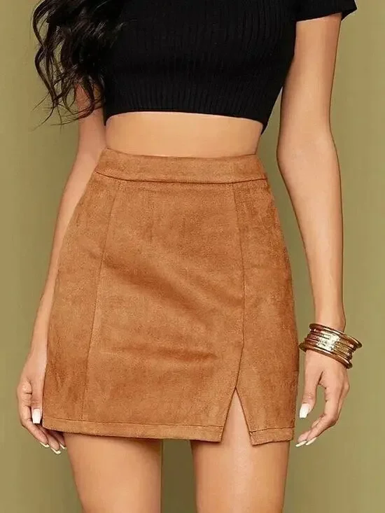 Women's High Waist Faux Suede Side Split Bodycon Short Mini Skirt M
