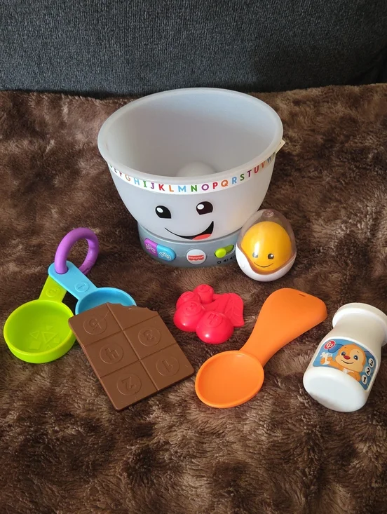 Fisher-Price White Learning Bowl with Orange Spoon and Colorful Accessories