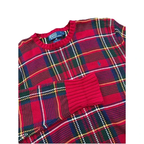 Vintage Polo Ralph Lauren Plaid Knit Crewneck Golf Holiday Tartan 1990s Sweater