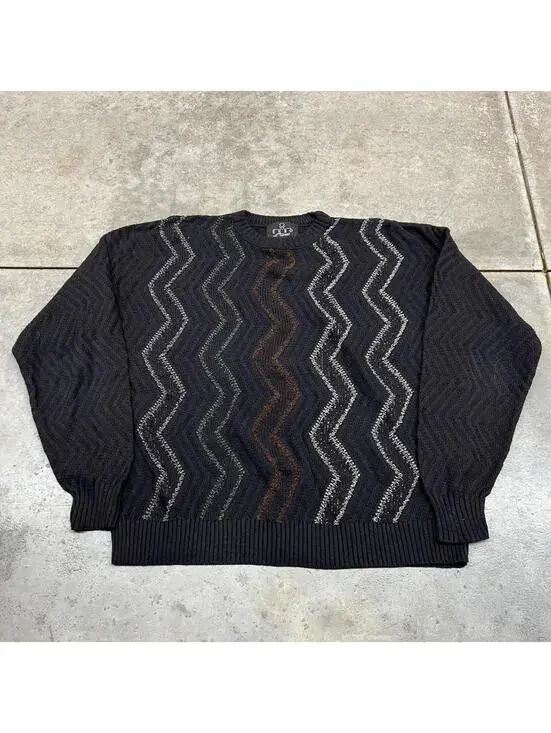 vintage black white and brown striped made in usa knit sweater size xl