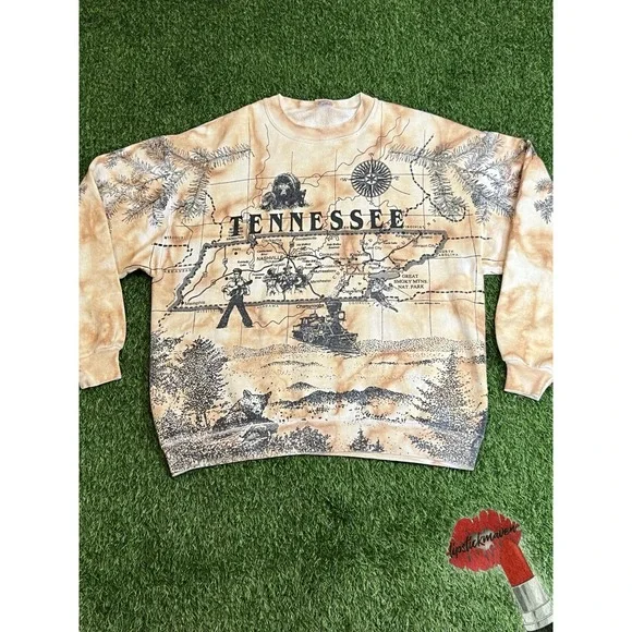 Vintage 90s Tennessee Crewneck Tie Dye All Over Print Map Elvis‎ 1992