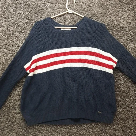 Hollister Sweater Men Medium Navy Blue Red White Stripe Crew Neck Waffle Knit‎