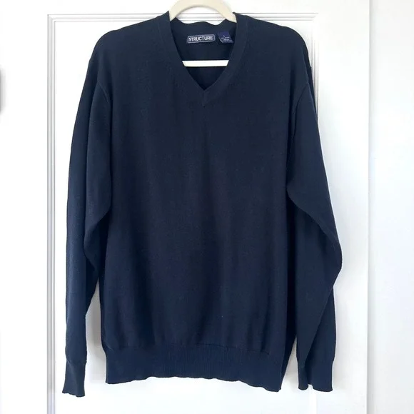 Structure Mens Navy Blue V-Neck Sweater 100%‎ Cotton Knit Pullover Large