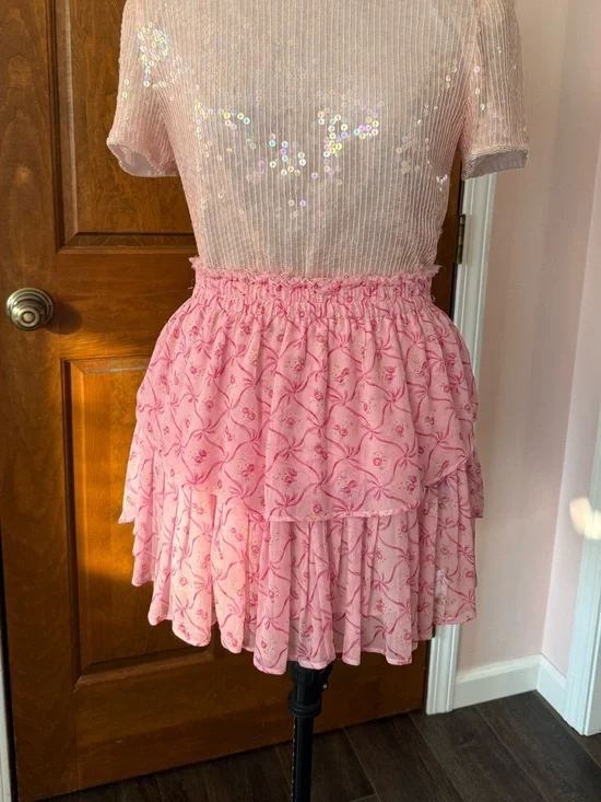 Loveshackfancy Silk Floral Bow Trellis Print Ruffle Skirt Medium