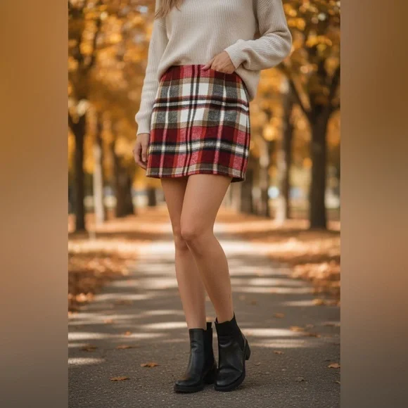 Tan Red Black Plaid Mini Skirt Medium