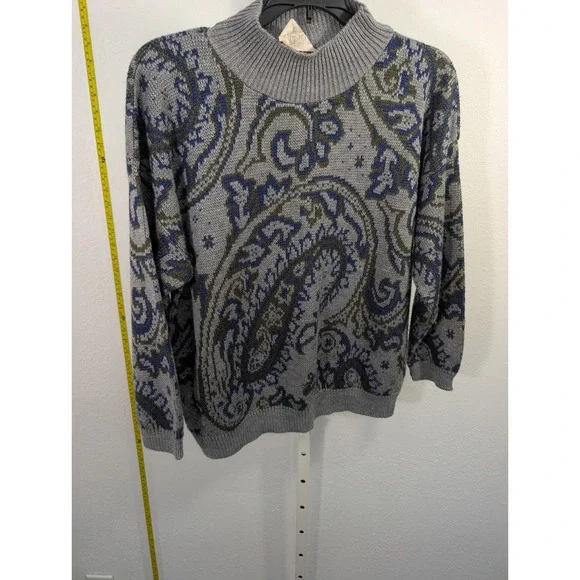 Vintage 90s Mens Large Paisley Knit Sweater Mock Neck Grey Blue Made‎ in USA