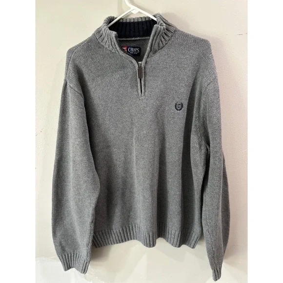 Chaps Mens XXL Gray 100% Cotton Quarter Zip Pullover Sweater Mock Neck Logo Knit