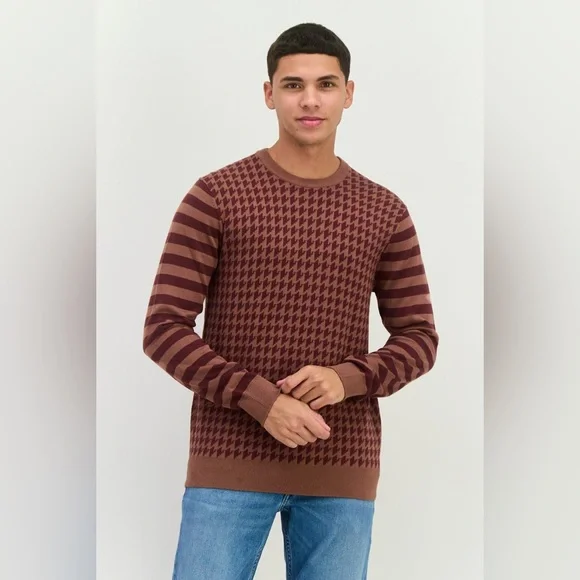 PERRY ELLIS Mens Houndstooth Striped Crewneck Sweater Brown Big & Tall Size 3XLT