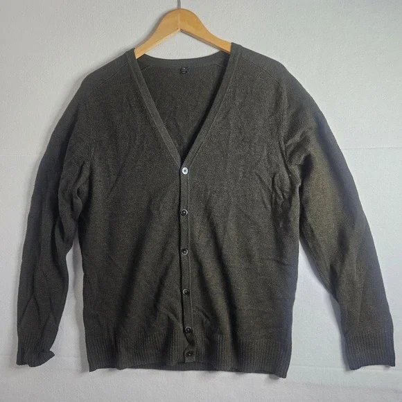Muji Mens Wool Yak Hair Blend V-Neck Cardigan Sweater Dark Olive Green Large