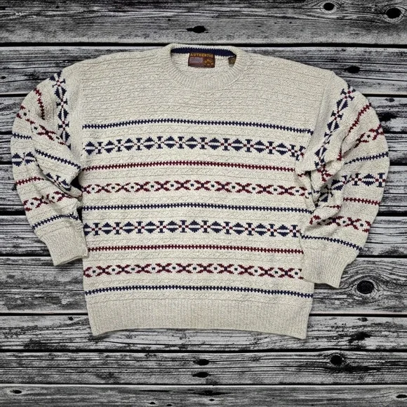 Authentic‎ Issue 90 Vintage Mens Large Cotton Knit Fair Isle Sweater Made in USA