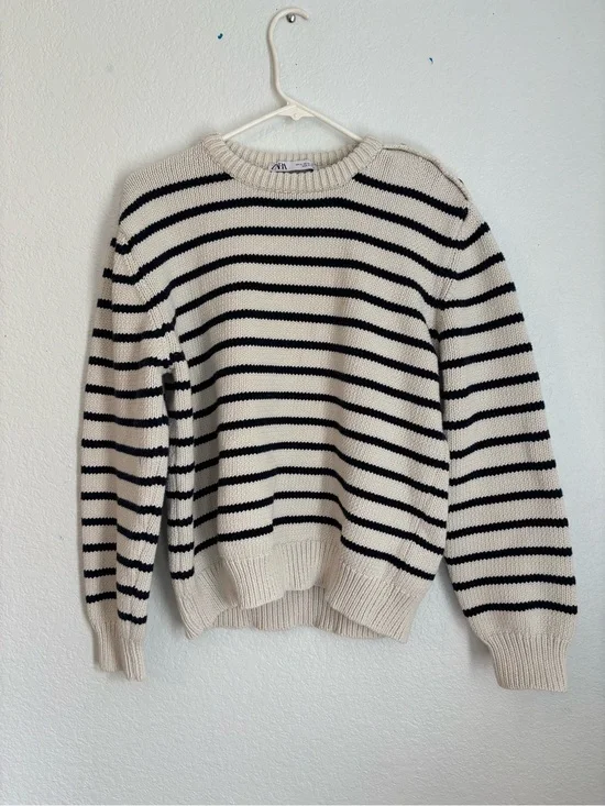 Zara Beige/Black Striped Knit Pullover Sweater XL Crew Neck Shoulder Buttons