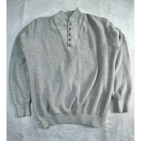 VTG LL Bean Mens XL- Long Sweater Classic Henley Light Gray Cotton‎ USA Made
