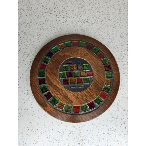 Vintage Stained Glass Encased in Wood Mosaic Plate Trivet 10” Great Vivid Colors