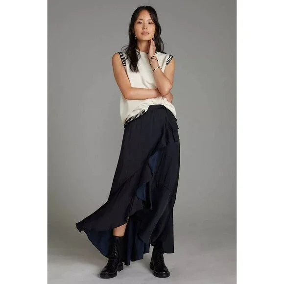 Anthropologie Maeve Ruffled Wrap Maxi Skirt Size XL in Black Blue Side Tie Flowy