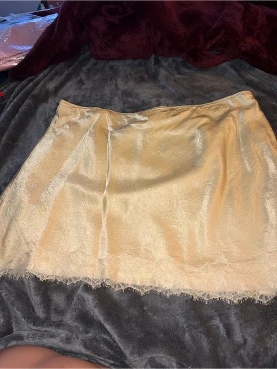 Express Butter Yellow Satin Mini Skirt with Lace Trim