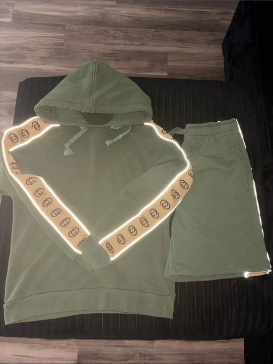 Gucci Olive Green Hoodie & Shorts Set with Beige Logo Trim