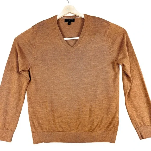Banana Republic Sweater Mens Large Brown 100% Merino Wool V Neck‎ Pullover Knit