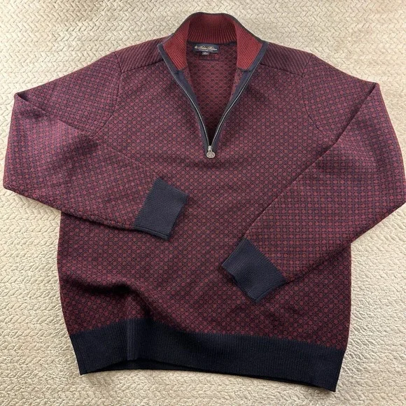 Brooks Brothers Men's‎ XL Nordic Wool Sweater half zip Burgundy navy Cabin Cozy