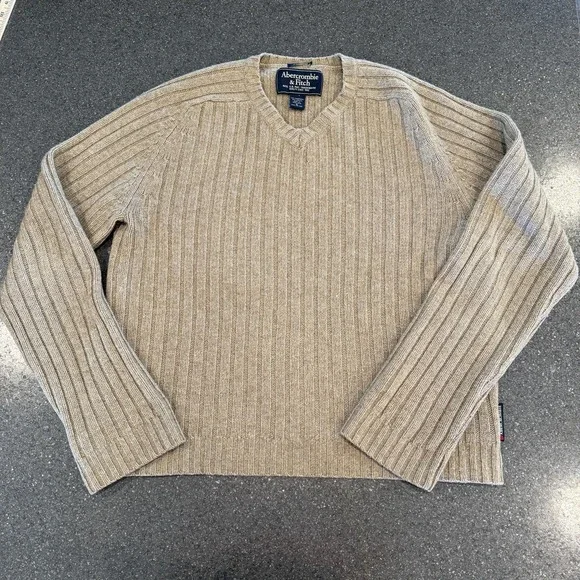 Vintage Abercrombie And Fitch Men's Vneck Tan Ribbed Wool Blend Sweater Preppy‎
