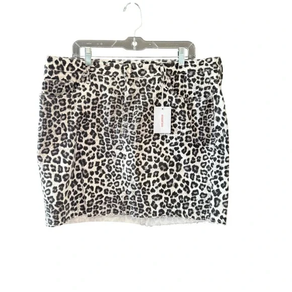 Good American Leopard Print Denim Mini Skirt‎ Grey Black Raw Hem Plus Size 18