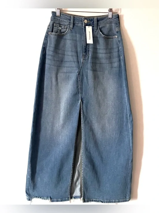 NWT Harper Barrel Jean Denim Frayed Distressed Maxi Skirt Front Slit 27 Small