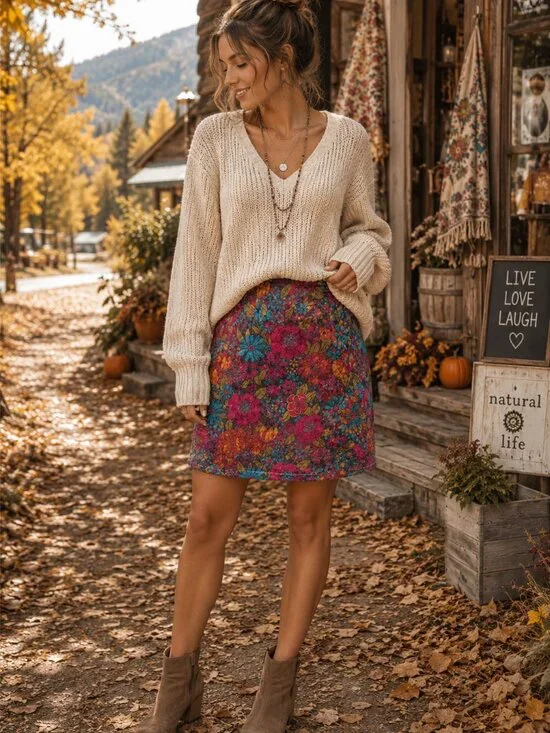 Natural Life Floral Velvet Mini Skirt Gray Pink Boho Stretch Pull On Small