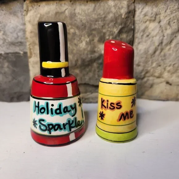 Holiday Nail Polish Lipstick Salt and Pepper Shakers Christmas Novelty Whimsy