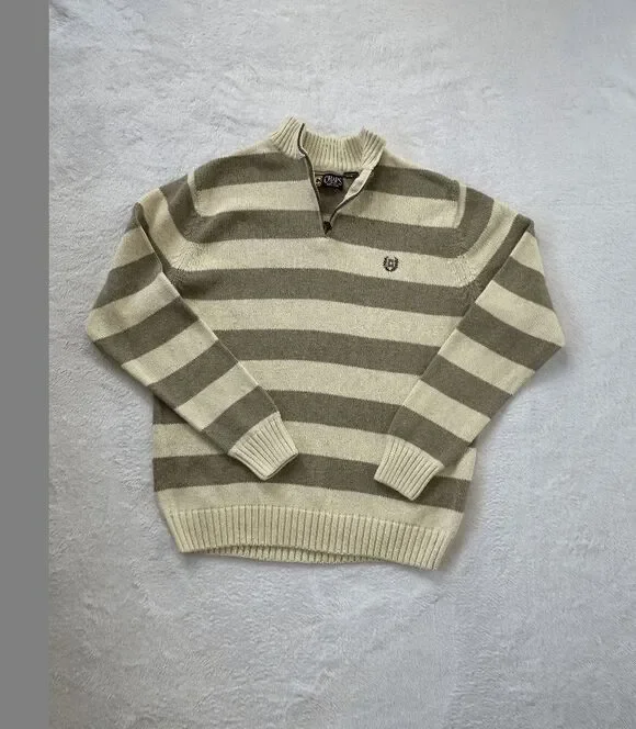 Chaps 100% Cotton 1/4 Zip Pullover Sweater Tan/Beige Stripe Size L Fair Isle